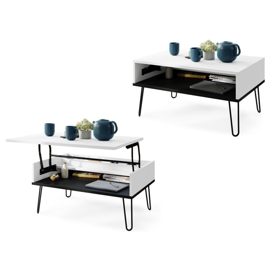 Mesa de centro com tampo elevatório e prateleira HALIJA branco/preto