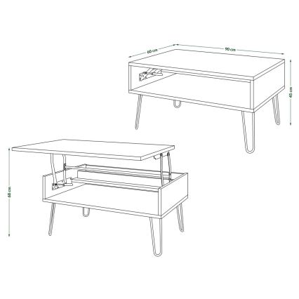 Mesa de centro com tampo elevatório e prateleira HALIJA branco/preto