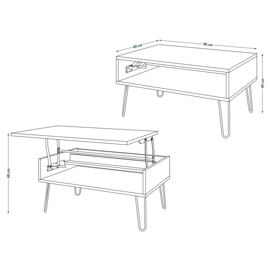 Mesa de centro com tampo elevatório e prateleira HALIJA branco/preto