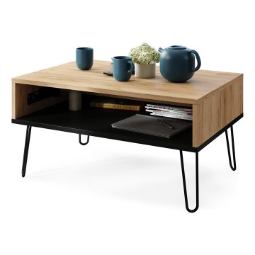 Mesa de centro com tampo elevatório e prateleira HALIJA carvalho/preto