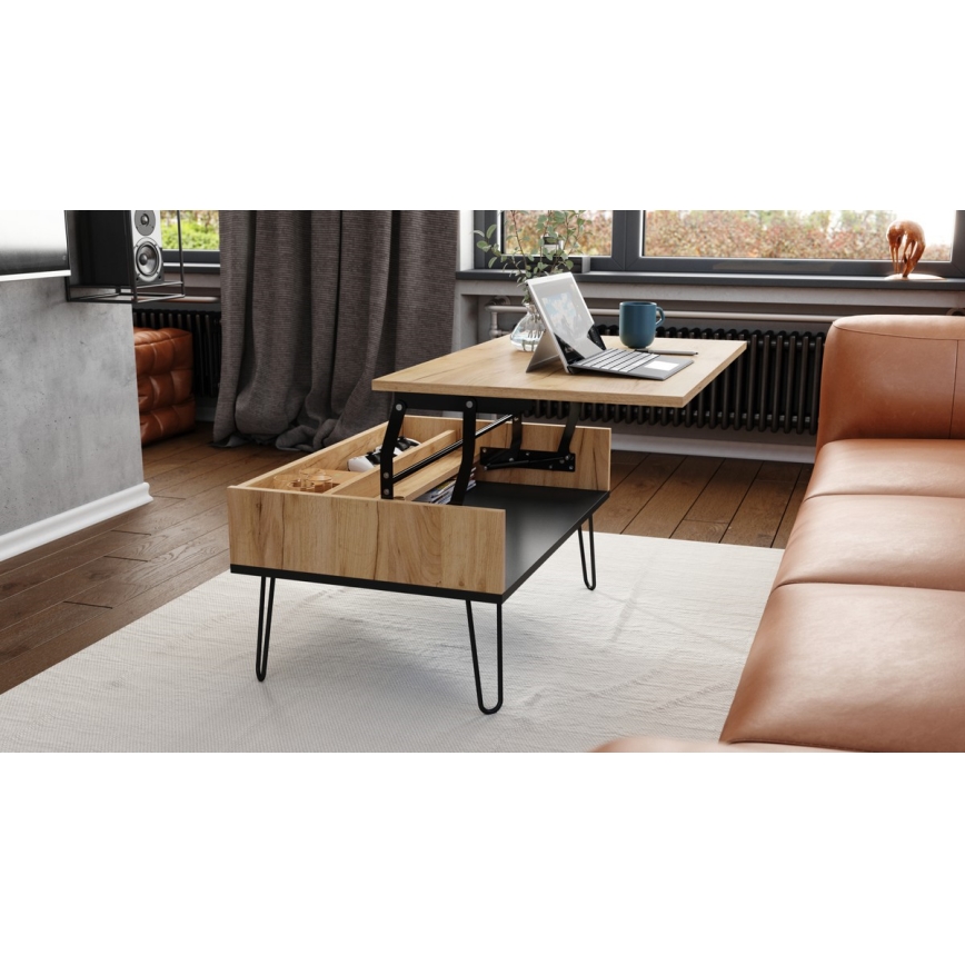 Mesa de centro com tampo elevatório e prateleira HALIJA carvalho/preto