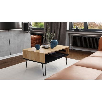 Mesa de centro com tampo elevatório e prateleira HALIJA carvalho/preto