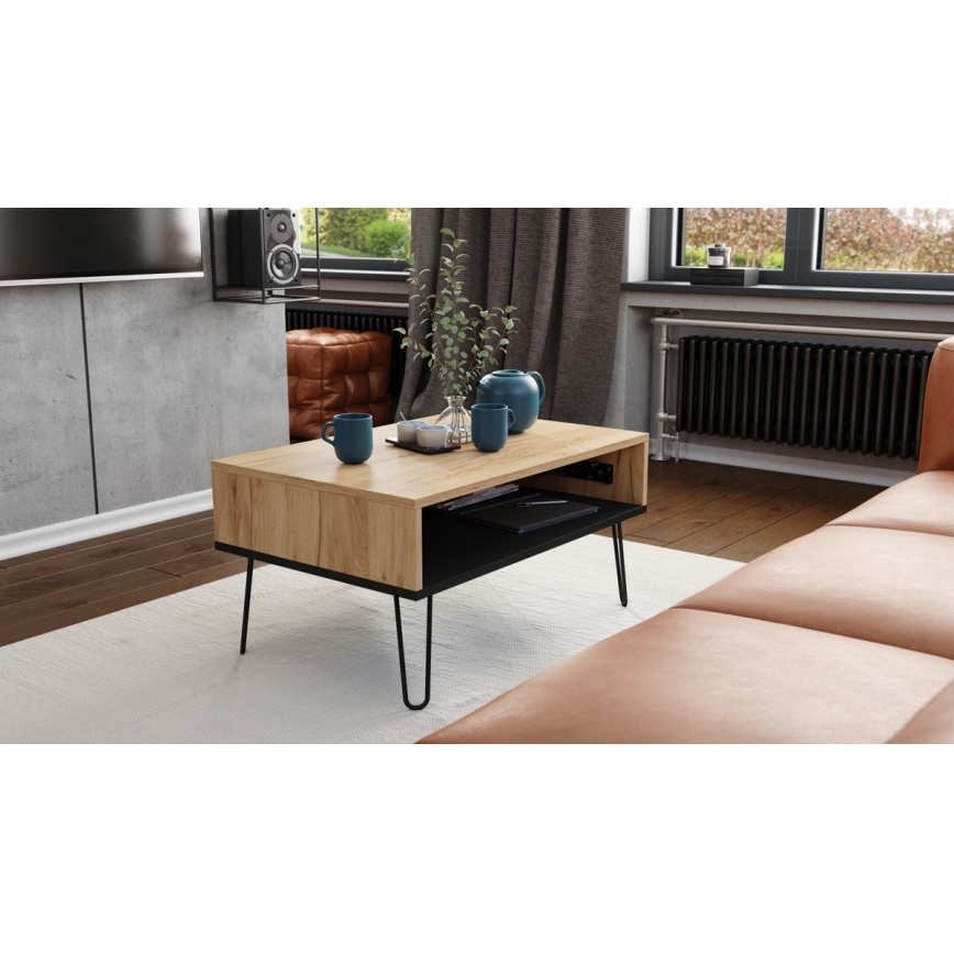 Mesa de centro com tampo elevatório e prateleira HALIJA carvalho/preto
