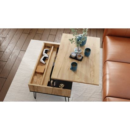 Mesa de centro com tampo elevatório e prateleira HALIJA carvalho/preto