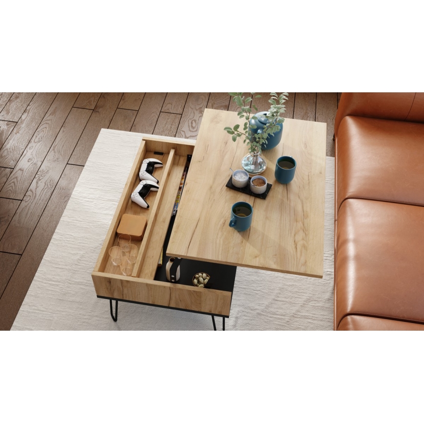 Mesa de centro com tampo elevatório e prateleira HALIJA carvalho/preto