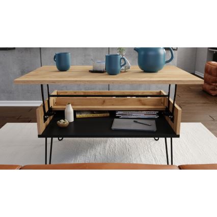 Mesa de centro com tampo elevatório e prateleira HALIJA carvalho/preto