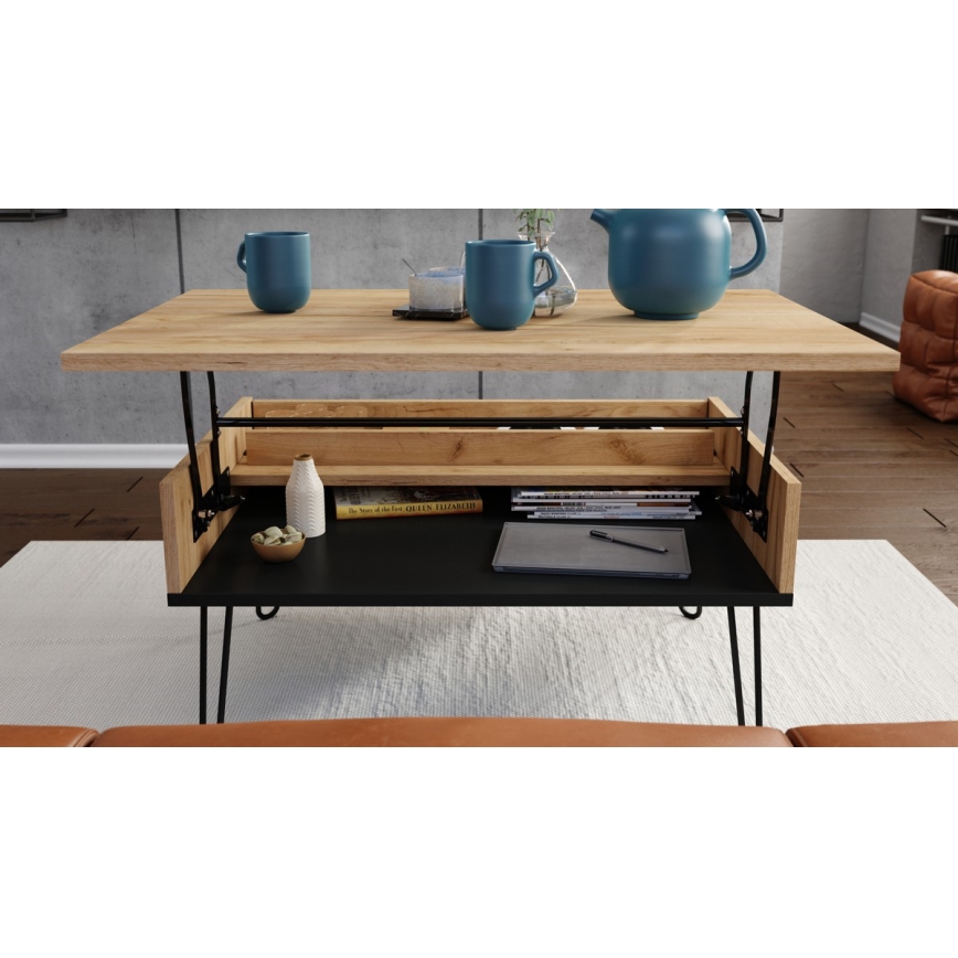 Mesa de centro com tampo elevatório e prateleira HALIJA carvalho/preto
