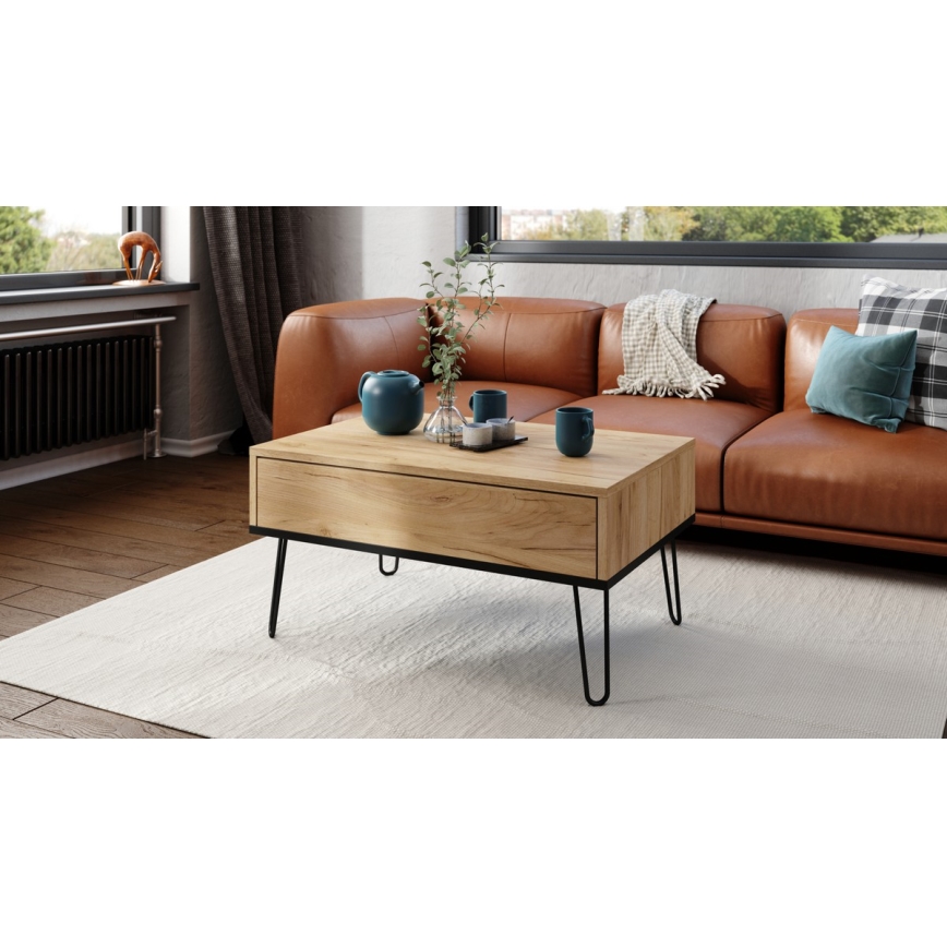 Mesa de centro com tampo elevatório e prateleira HALIJA carvalho/preto
