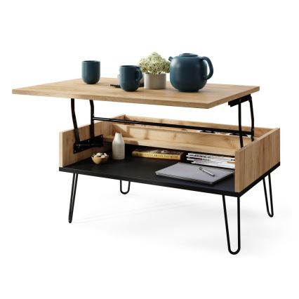 Mesa de centro com tampo elevatório e prateleira HALIJA carvalho/preto