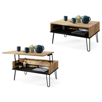 Mesa de centro com tampo elevatório e prateleira HALIJA carvalho/preto