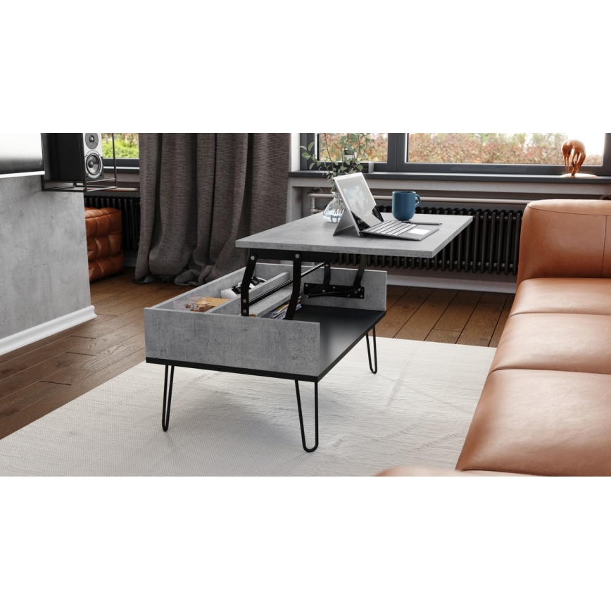 Mesa de centro com tampo elevatório e prateleira HALIJA cinzento/preto