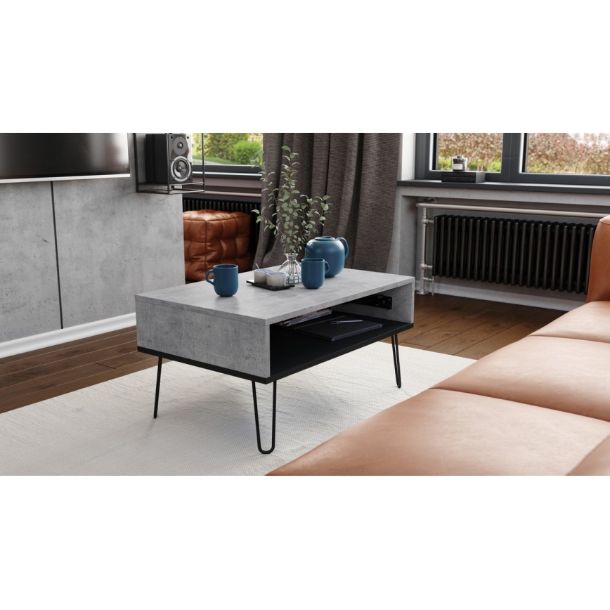 Mesa de centro com tampo elevatório e prateleira HALIJA cinzento/preto