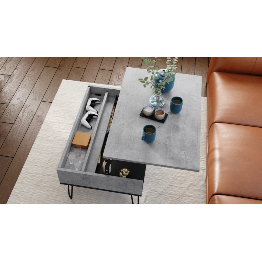 Mesa de centro com tampo elevatório e prateleira HALIJA cinzento/preto