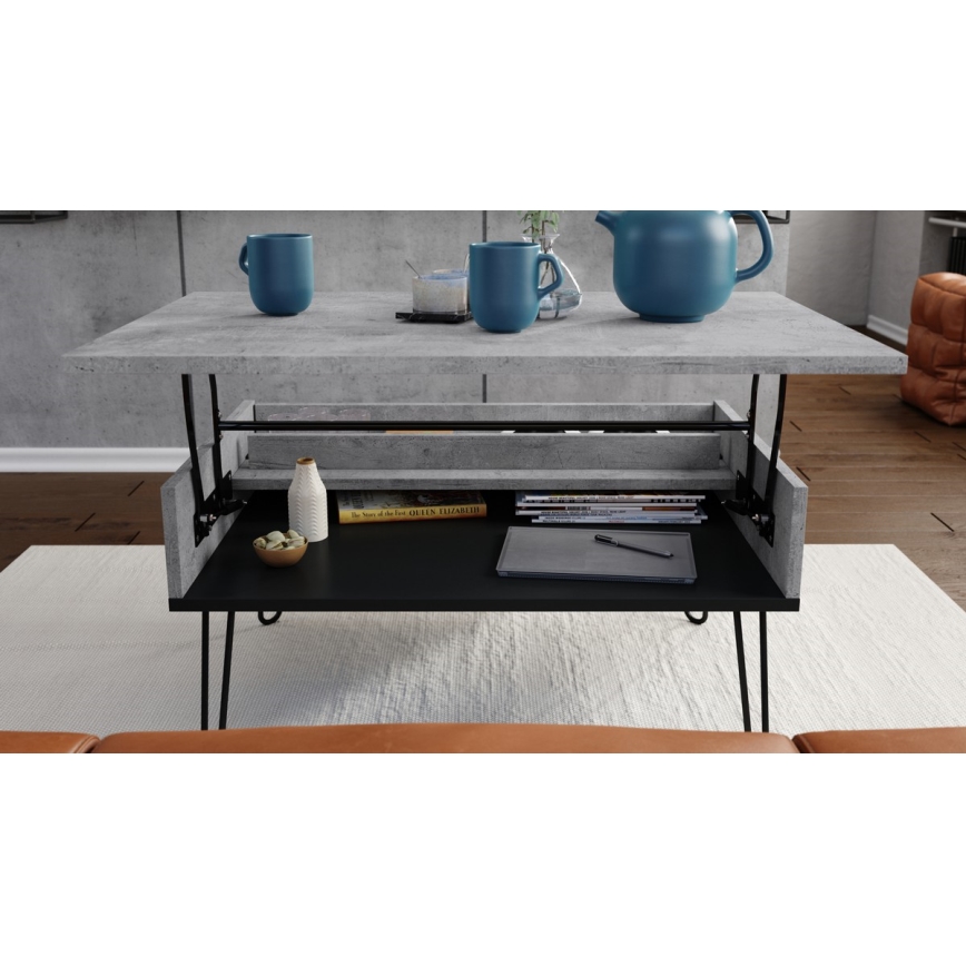 Mesa de centro com tampo elevatório e prateleira HALIJA cinzento/preto