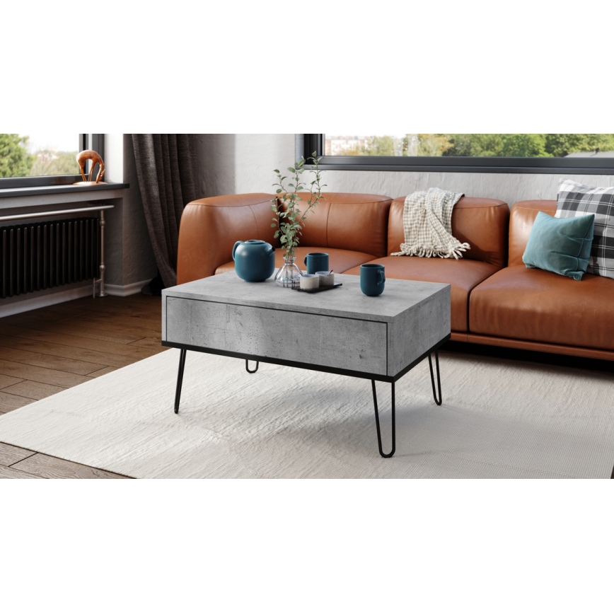 Mesa de centro com tampo elevatório e prateleira HALIJA cinzento/preto