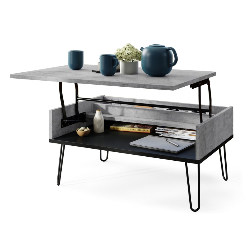 Mesa de centro com tampo elevatório e prateleira HALIJA cinzento/preto