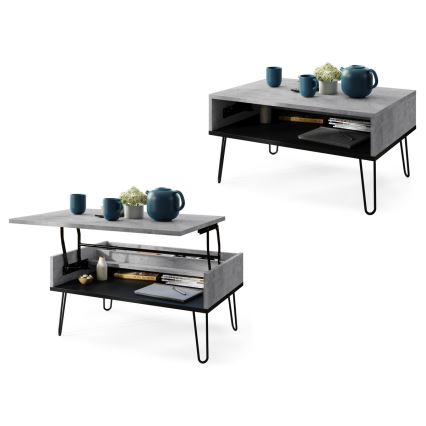 Mesa de centro com tampo elevatório e prateleira HALIJA cinzento/preto