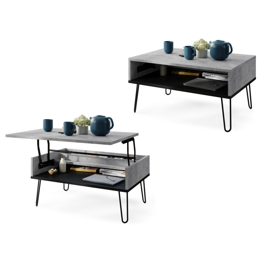 Mesa de centro com tampo elevatório e prateleira HALIJA cinzento/preto