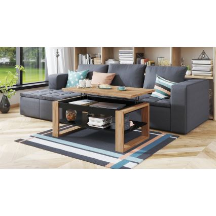 Mesa de centro com tampo elevatório e prateleira NEA carvalho/preto