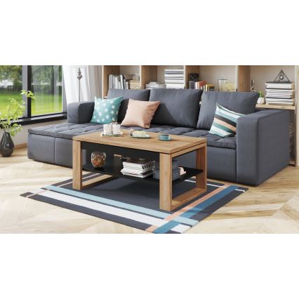 Mesa de centro com tampo elevatório e prateleira NEA carvalho/preto