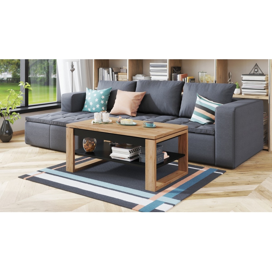 Mesa de centro com tampo elevatório e prateleira NEA carvalho/preto