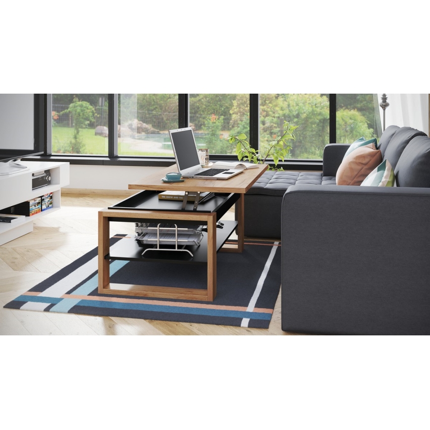Mesa de centro com tampo elevatório e prateleira NEA carvalho/preto