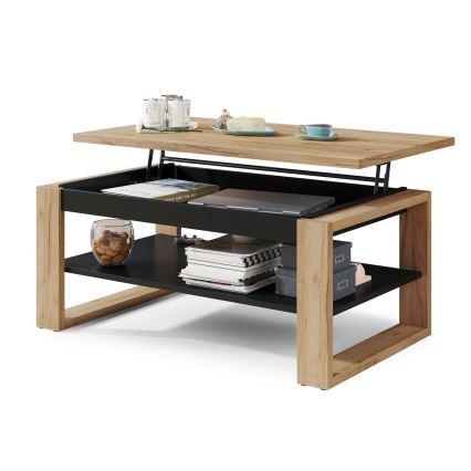Mesa de centro com tampo elevatório e prateleira NEA carvalho/preto