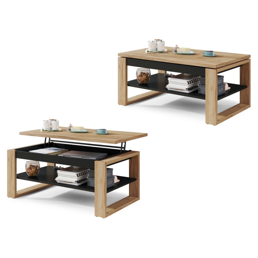 Mesa de centro com tampo elevatório e prateleira NEA carvalho/preto