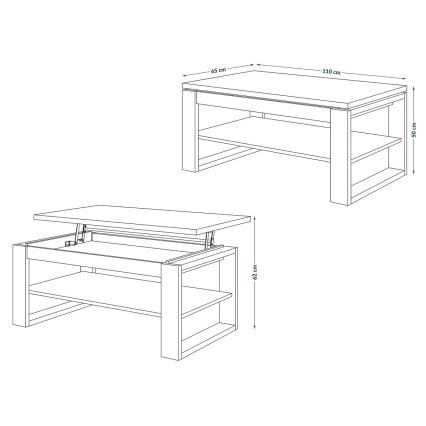 Mesa de centro com tampo elevatório e prateleira NEA carvalho/preto