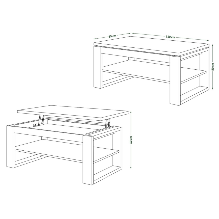 Mesa de centro com tampo elevatório e prateleira NEA carvalho/preto