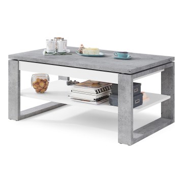 Mesa de centro com tampo elevatório e prateleira NEA cinzento/branco