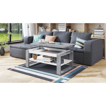 Mesa de centro com tampo elevatório e prateleira NEA cinzento/branco