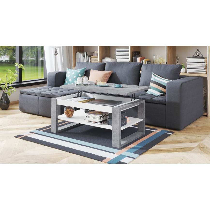 Mesa de centro com tampo elevatório e prateleira NEA cinzento/branco