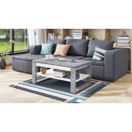 Mesa de centro com tampo elevatório e prateleira NEA cinzento/branco