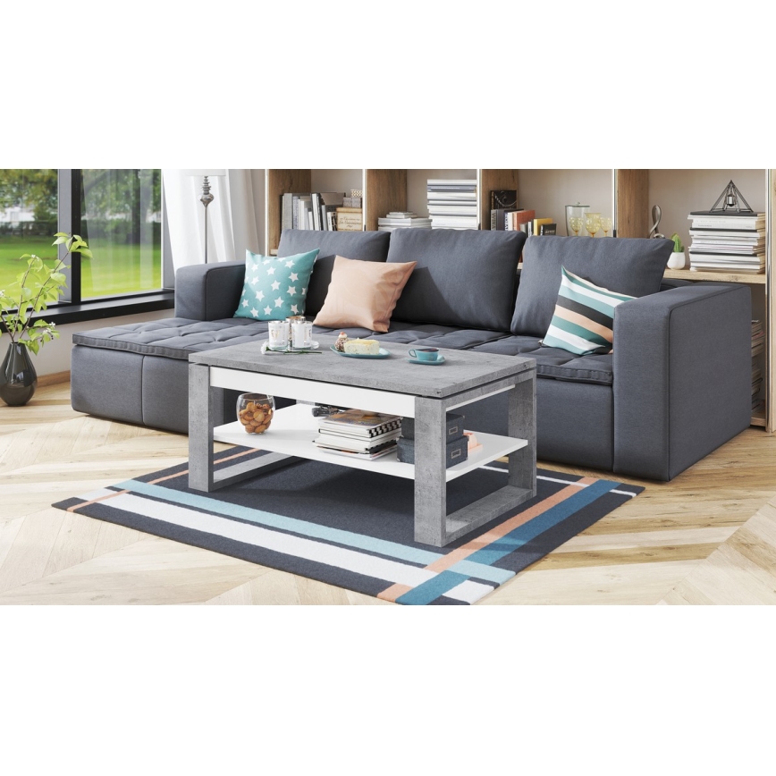 Mesa de centro com tampo elevatório e prateleira NEA cinzento/branco