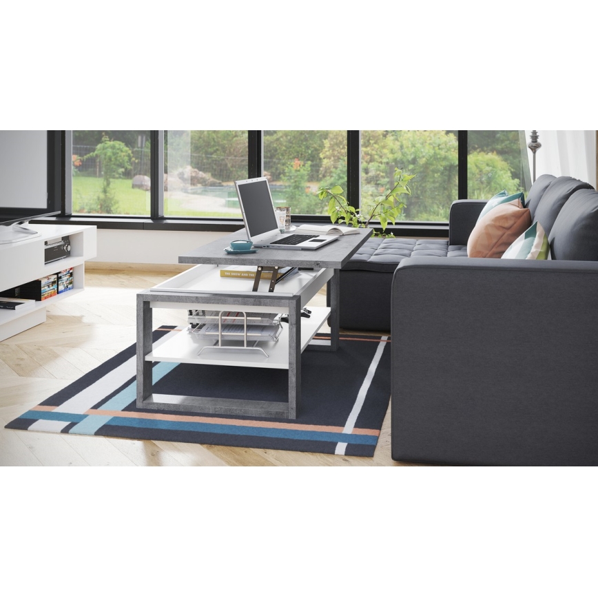 Mesa de centro com tampo elevatório e prateleira NEA cinzento/branco