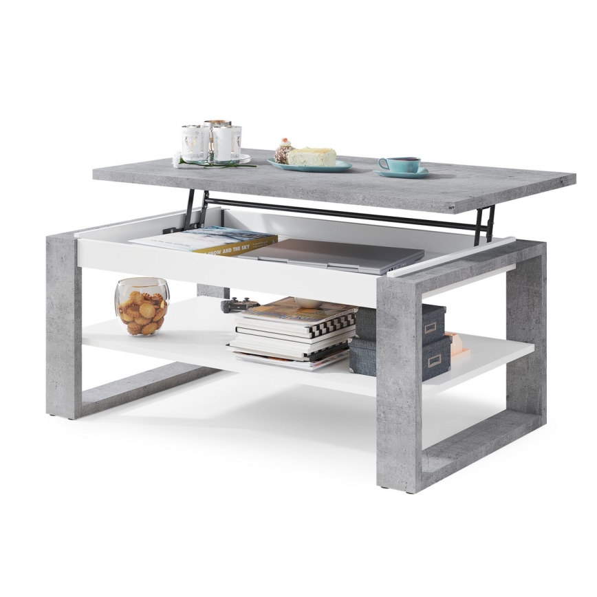 Mesa de centro com tampo elevatório e prateleira NEA cinzento/branco