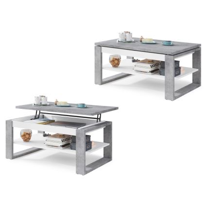 Mesa de centro com tampo elevatório e prateleira NEA cinzento/branco