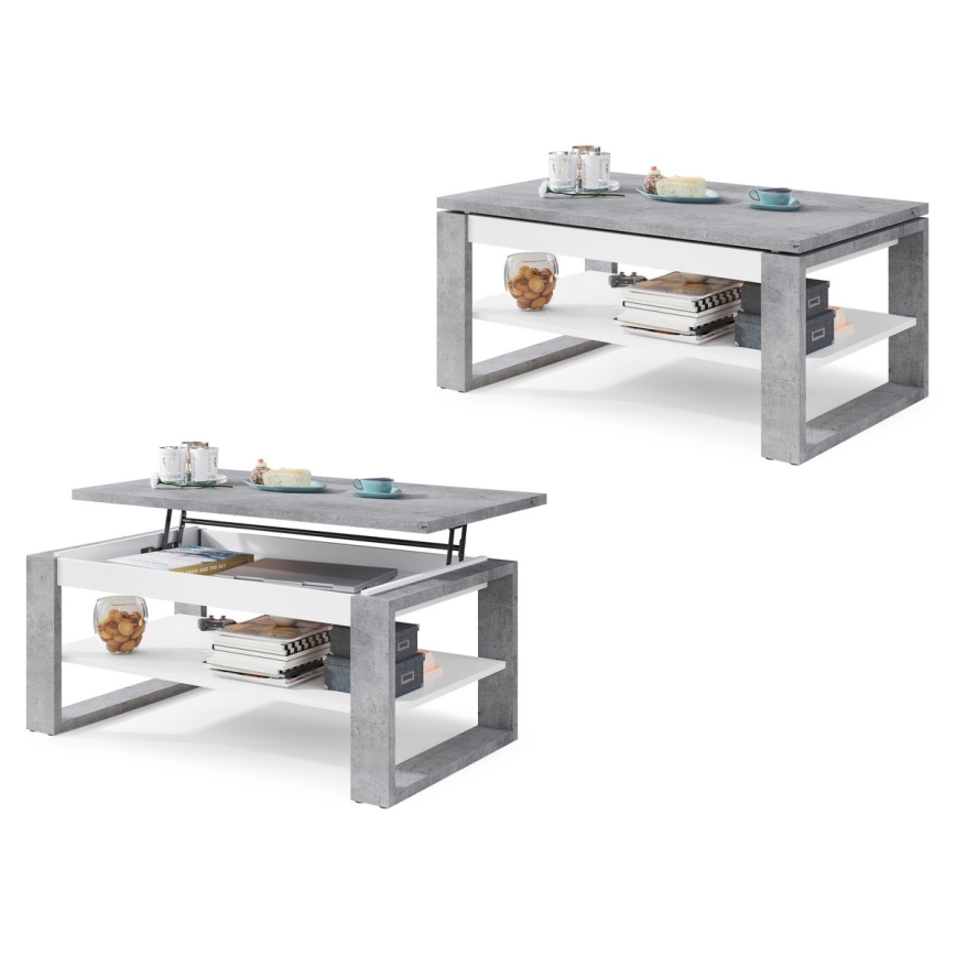 Mesa de centro com tampo elevatório e prateleira NEA cinzento/branco
