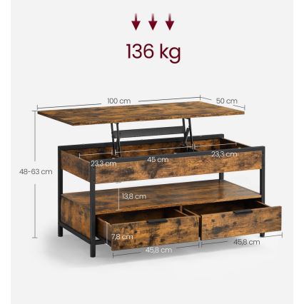 Mesa de centro com tampo elevatório NYRO castanha/preta