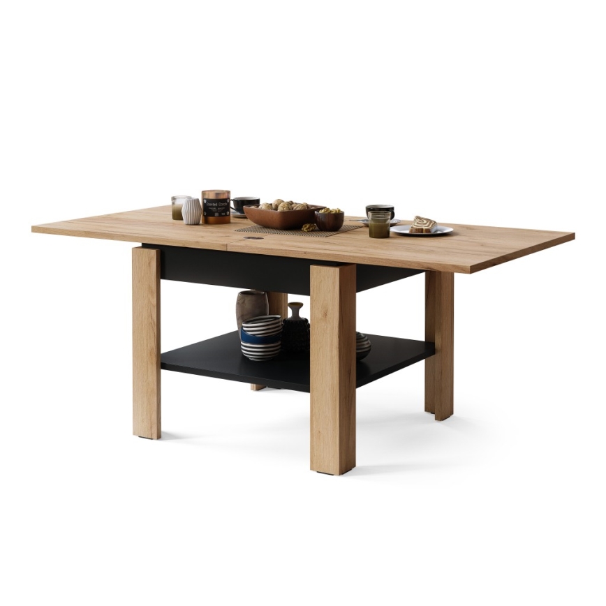 Mesa de centro dobrável com prateleira LIA carvalho/preto