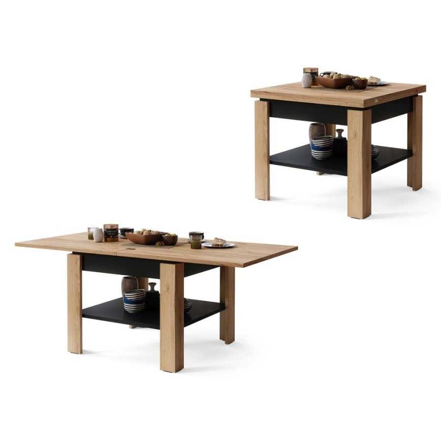 Mesa de centro dobrável com prateleira LIA carvalho/preto