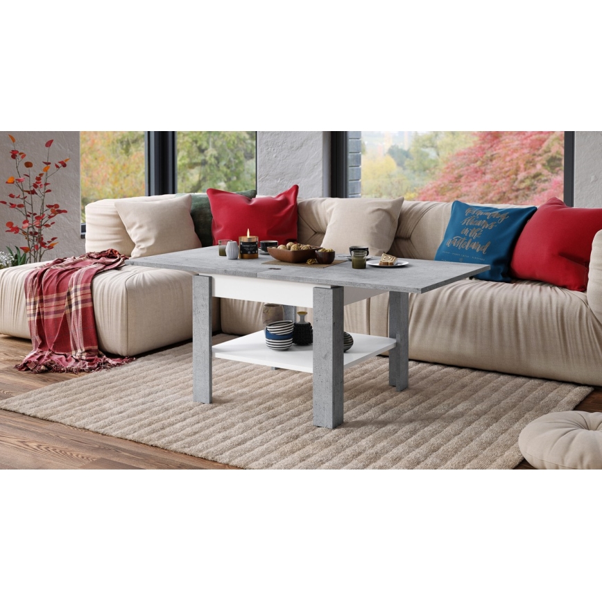 Mesa de centro dobrável com prateleira LIA cinzento/branco
