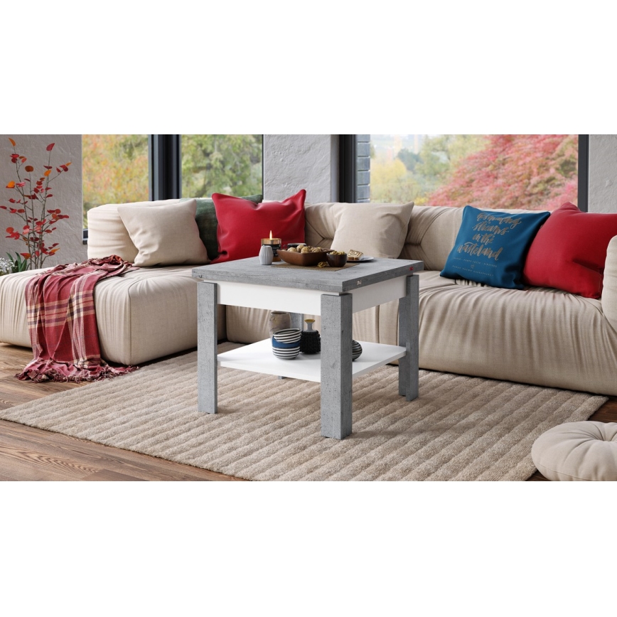 Mesa de centro dobrável com prateleira LIA cinzento/branco