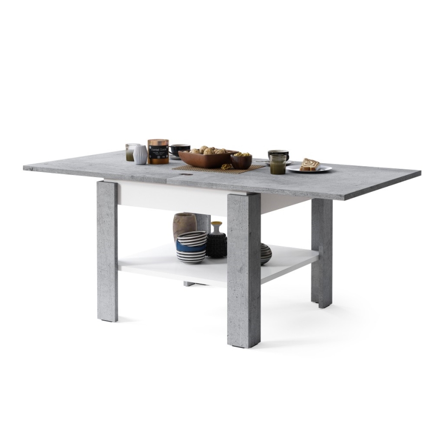 Mesa de centro dobrável com prateleira LIA cinzento/branco