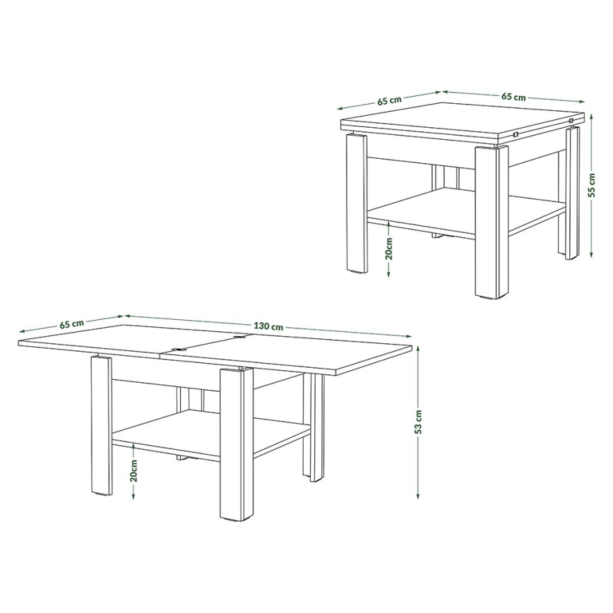 Mesa de centro dobrável com prateleira LIA cinzento/branco