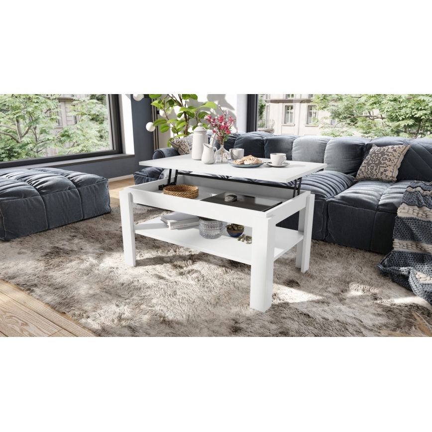 Mesa de centro dobrável com tampo elevatório e prateleira ADEN branco
