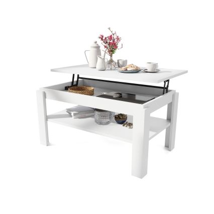 Mesa de centro dobrável com tampo elevatório e prateleira ADEN branco
