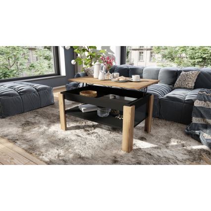 Mesa de centro dobrável com tampo elevatório e prateleira ADEN carvalho/preto