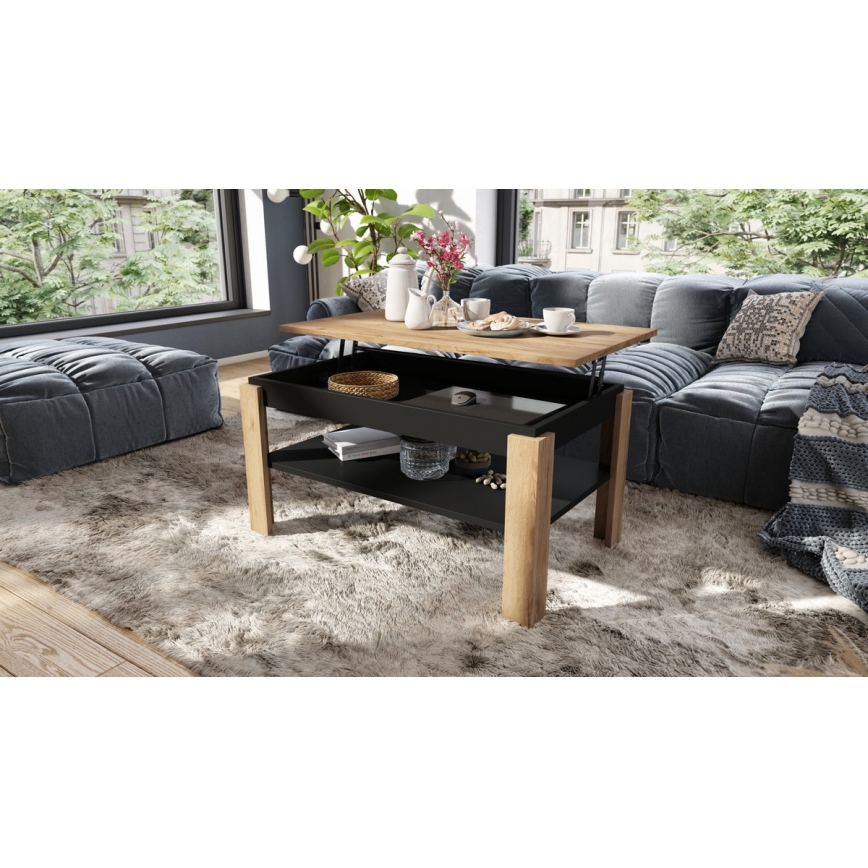 Mesa de centro dobrável com tampo elevatório e prateleira ADEN carvalho/preto